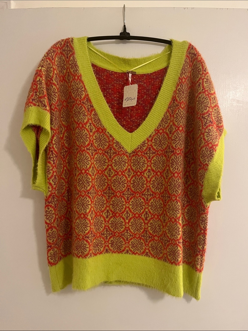 Free People Through the Motions Vest Neon Lime & Coral Patterned V-Neck Sweater - Picture 2 of 6